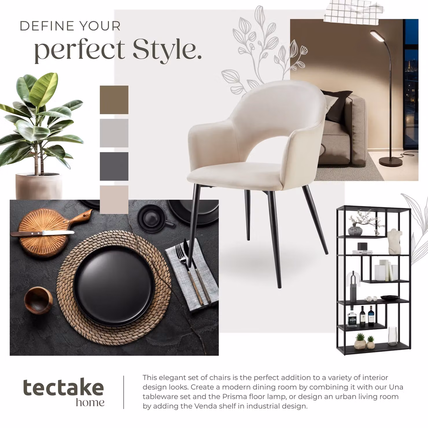 tectake Sasha Set of 4 Modern Dining Chairs in Cream Velvet with Oak Legs – 4