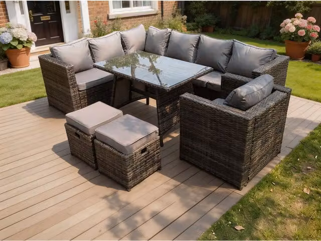 Fimous 9 Seater Grey Rattan Corner Sofa Set Garden Furniture with Galvanised Steel and Glass