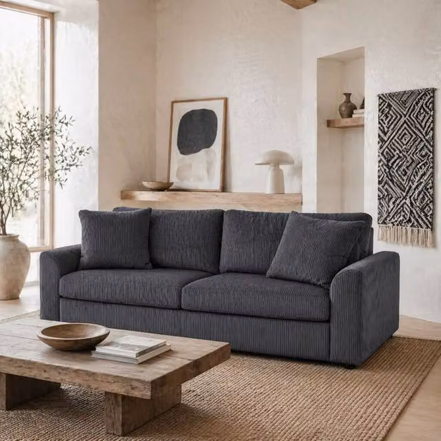 Wyld Haus Mimi Grey Corduroy 3 Seater Sofa with Scatter Cushions W: 212 cm, D: 80 cm, H: 88 cm