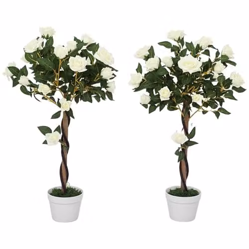 Outsunny Set of 2 White Artificial Rose Trees, 90 cm Height