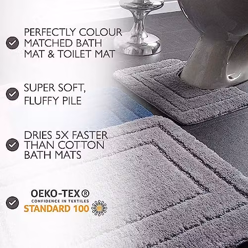 Allure Bath Fashions Two Piece Non-Slip Microfibre Bath and Pedestal Mat Set in Petrol – 3