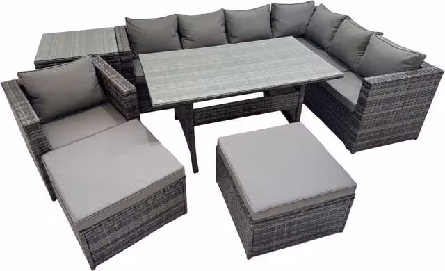 Fimous 9-Seater Rattan Garden Furniture Set with Dining Table, Corner Sofa, Chairs and 2 Stools in Dark Grey Mixed