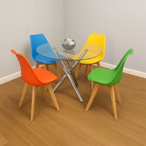 Kosy Koala Modern Round Dining Set with Transparent Glass Table and 4 Multicolour Leather Plastic Chairs