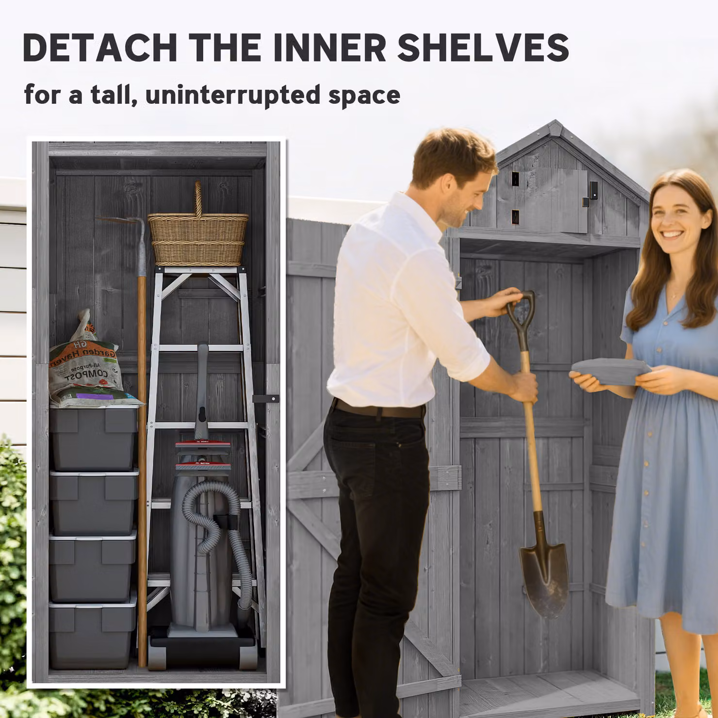 Outsunny Grey Wooden Garden Shed with Lockable Double Doors, Shelving and Window, H: 179.0 cm, W: 67.0 cm, D: 63.0 cm – 5
