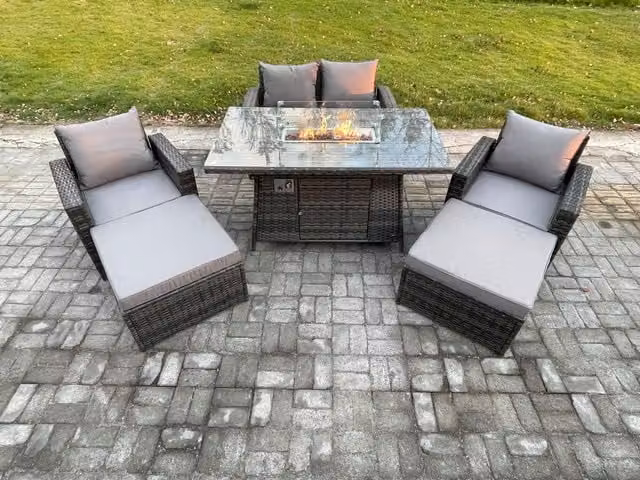 Fimous 6 Seater Grey Rattan Garden Furniture Set with Gas Fire Pit Dining Table, Double Sofa, Armchairs and 2 Footstools