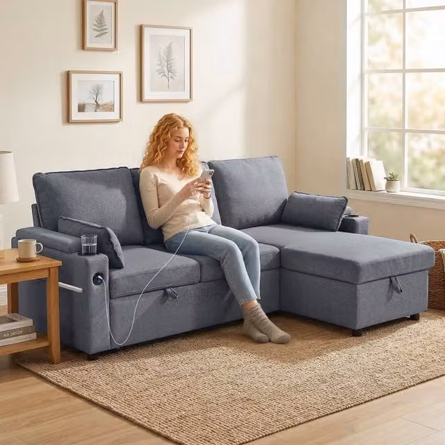 HOMCOM L-Shaped Corner Sofa Bed with Storage Chaise and USB Charging Ports, Grey Fabric
