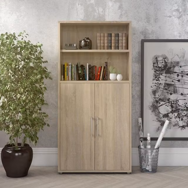 Furniture To Go Prima 4-Shelf 2-Door Modern Bookcase in Brown and Beige MDF