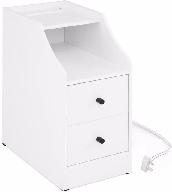 Gymax White Side Table with Charging Station and Storage Drawers – 1