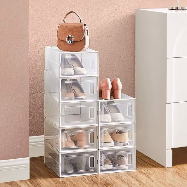 SONGMICS Pack of 8 Medium Stackable and Foldable Shoe Storage Organisers in Transparent Plastic – 1