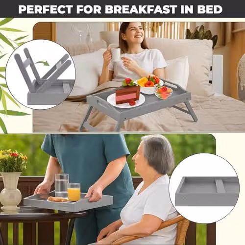 Mantraraj Bamboo Bed Tray Table Pack of 2 with Foldable Legs and Handles, Grey – 4