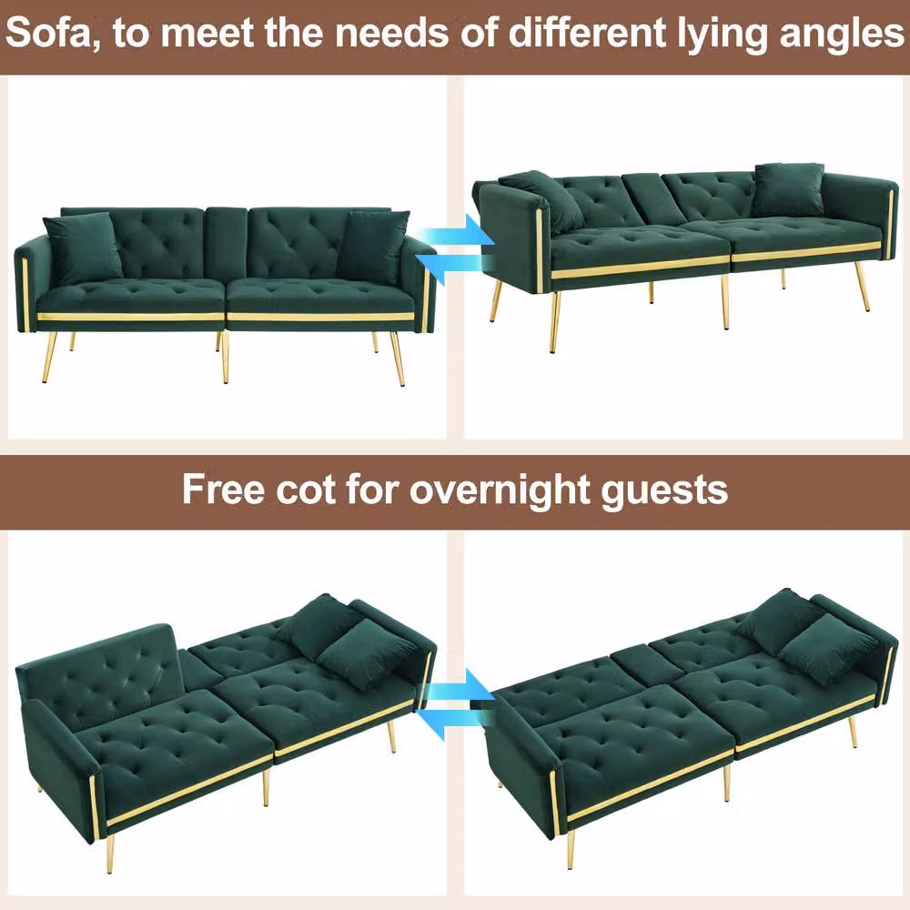BTM Green Velvet Two Seater Sofa Bed with Adjustable Headrest and Cup Holders, W/D/H: 174 x 76 x 71.5 cm – 6