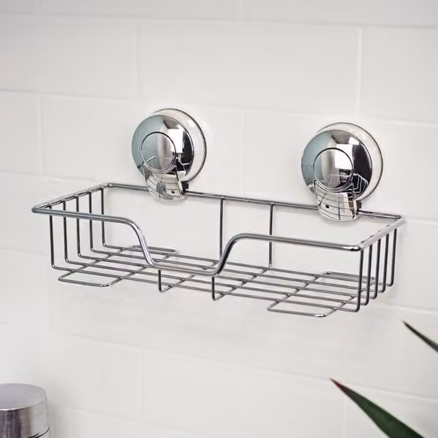 Showerdrape Suctionloc Wall Mounted Rectangular Steel Basket in Silver