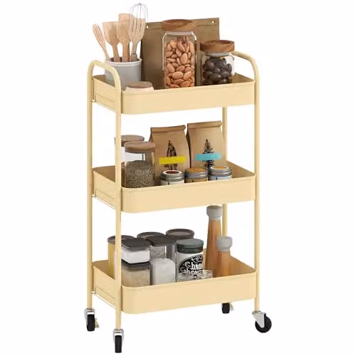 HOMCOM 3-Tier Rolling Utility Storage Trolley with Mesh Baskets, Yellow, W/D/H: 45 x 30.6 x 79 cm