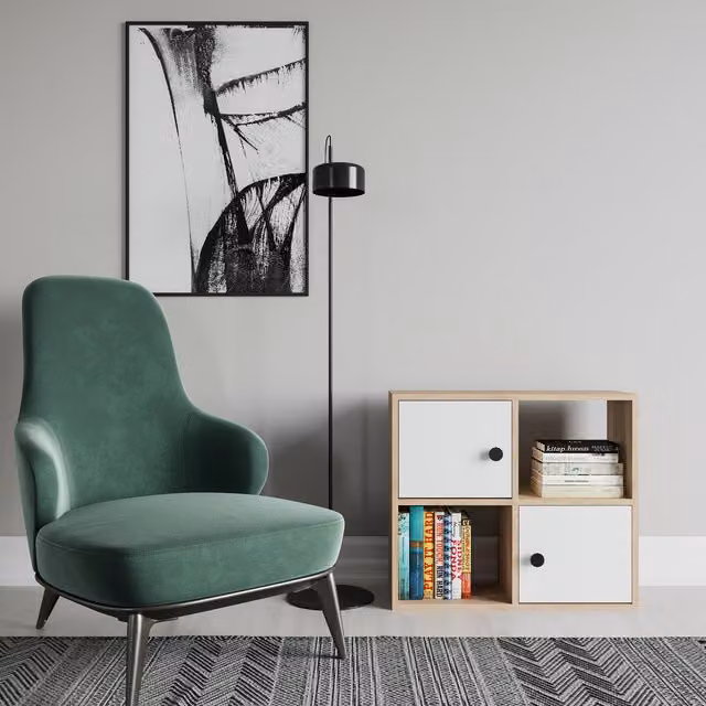 Decorotika Tasso Bookcase with Cabinets in White and Oak, W: 62.6 cm, D: 63.5 cm