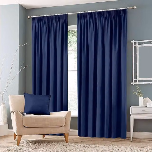 Roseley Blue Plain Blackout Pencil Pleat Fabric Curtains