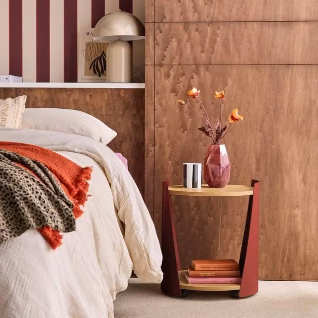 sweeek Curved Red Metal and Wood Side Table with Castors