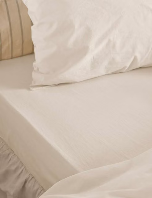 Piglet In Bed Washed Cotton Percale Fitted Sheet, Beige, W: 180 cm, D: 200 cm