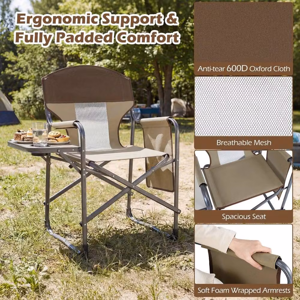 NESTLUNE Brown Heavy Duty Outdoor Beach Chair with Metal Frame, Armrests, Side Tray and Cup Holders – 4