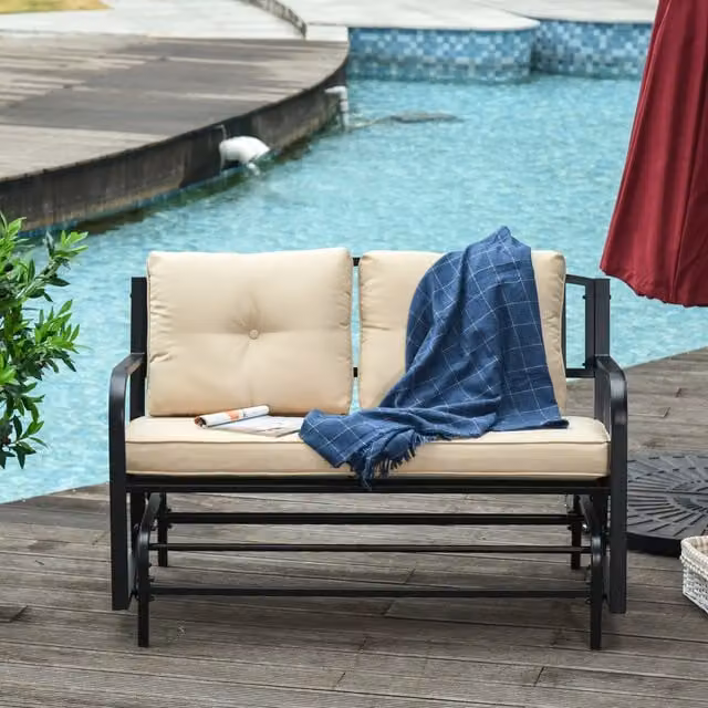 Outsunny 2 Person Outdoor Loveseat Glider Rocking Bench in Black Metal