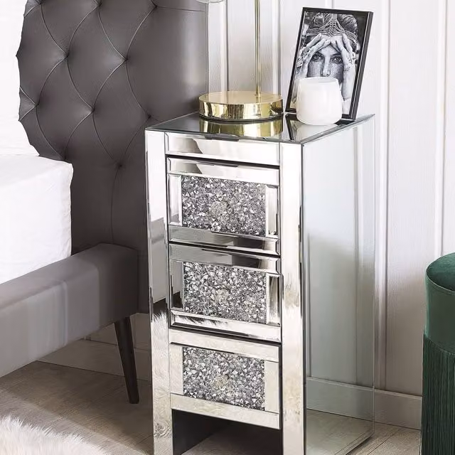 Wyld and Coco Silver Mirrored 3-Drawer Bedside Table W: 60 cm, D: 30 cm, H: 30 cm