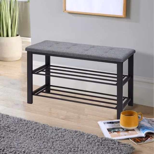Home Source Sleaford Grey Upholstered Shoe Bench with Metal Frame