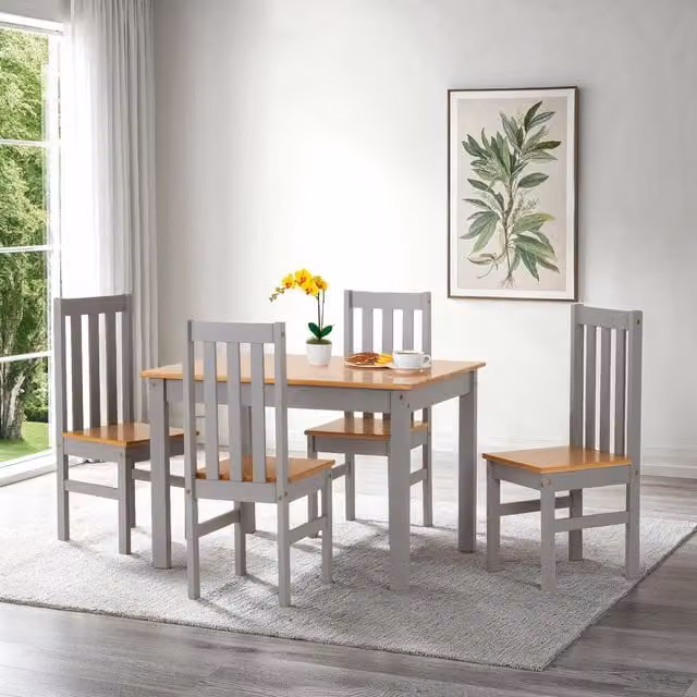 Seconique Ludlow Modern Rectangular Dining Set with 4 Chairs in Grey and Oak Lacquer