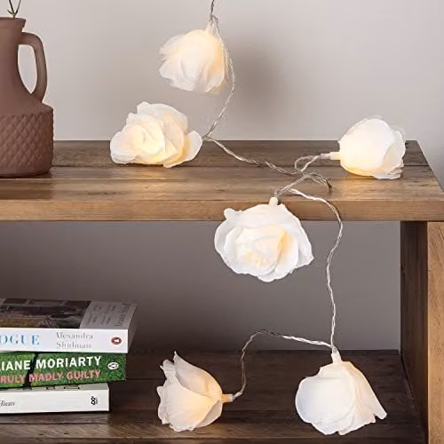 Lights4fun 20 Warm White LED Juliet Rose Fairy Lights in White and Transparent Fabric – 1