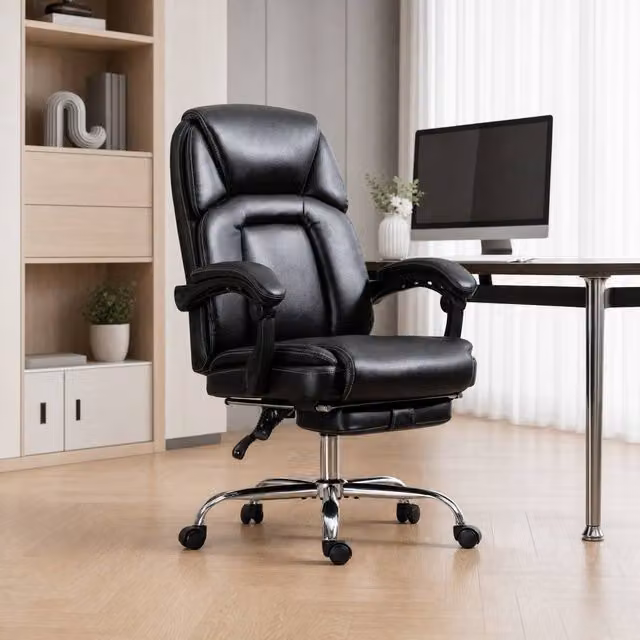 STILVORA Black Faux Leather Executive Reclining Office Chair with Footrest and Headrest – 1