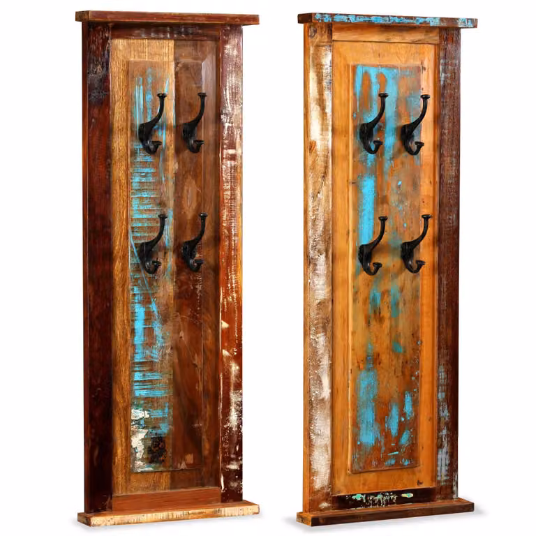 Berkfield Home Set of 2 Antique Multicolour Reclaimed Wood and Metal Coat Racks, W/H: 38 x 100 cm