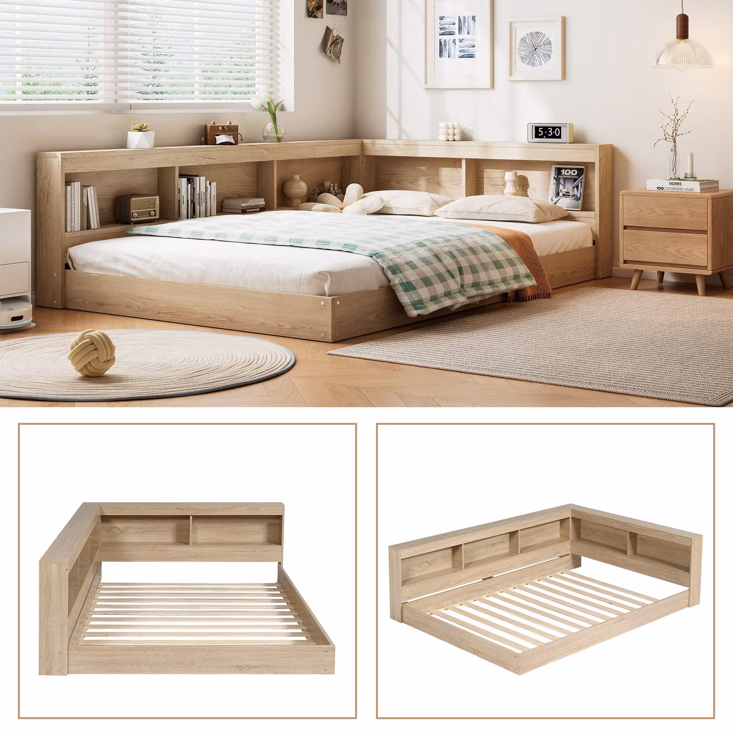 Aosom.UK White Oak Double Storage Bed with Side Compartments, W: 153 cm, D: 208 cm, H: 60 cm – 4
