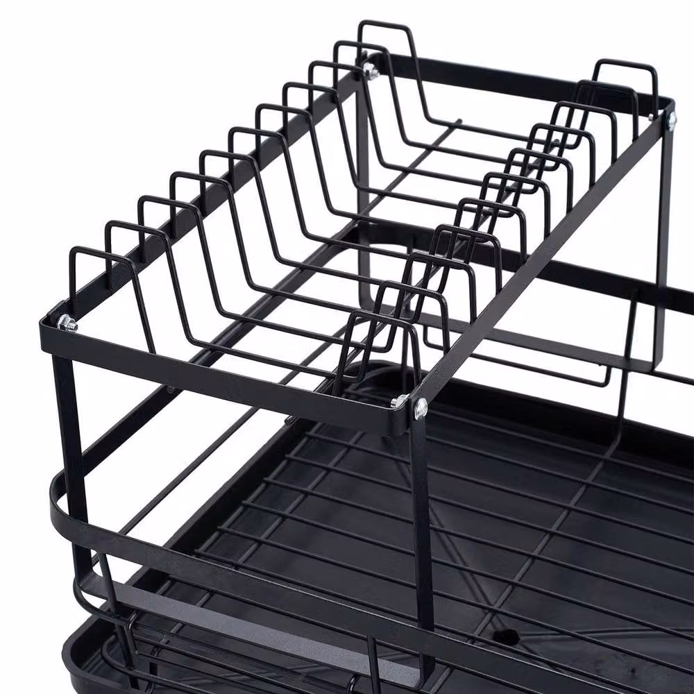 FORGEVIO 2-Tier Kitchen Sink Dish Drainer Rack in Black with Drip Tray and Cutlery Holder – 2