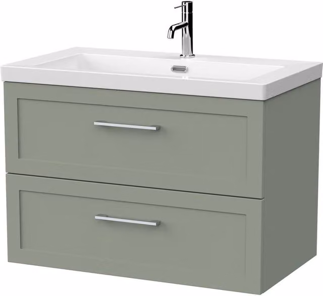 Balterley Stonnall Wall Mounted 2 Drawer Vanity Unit and 1TH Fireclay Basin, Reed Green, Width: 80 cm