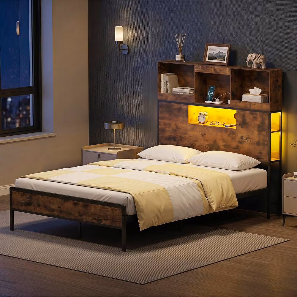 Gymax King Size Industrial Metal Bed Frame in Brown with LED Under-Bed Lighting, USB Charging Port and Side Compartments, W: 180 cm x D: 200 cm – 3