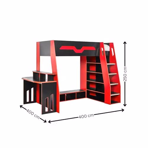 Julian Bowen Eagle Single Black and Red Wooden Gaming Highsleeper Loft Bed with Stairs and Side Compartments W/D/H: 90 x 190 x 172 cm – 8