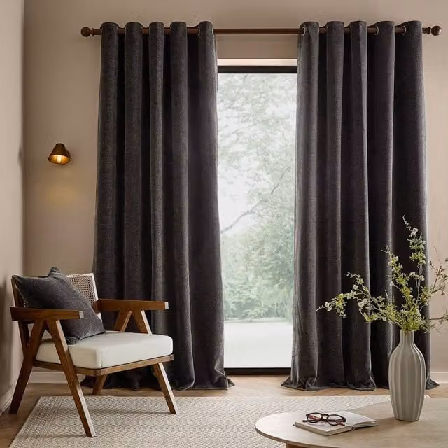 Yard Heath Charcoal Washed Velvet Eyelet Curtain Pair, Width: 229 cm, Drop: 137 cm – 1