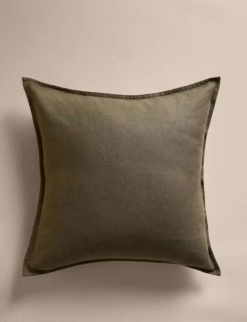 M&S Pure Linen Flange Trim Square Cushion in Khaki Green