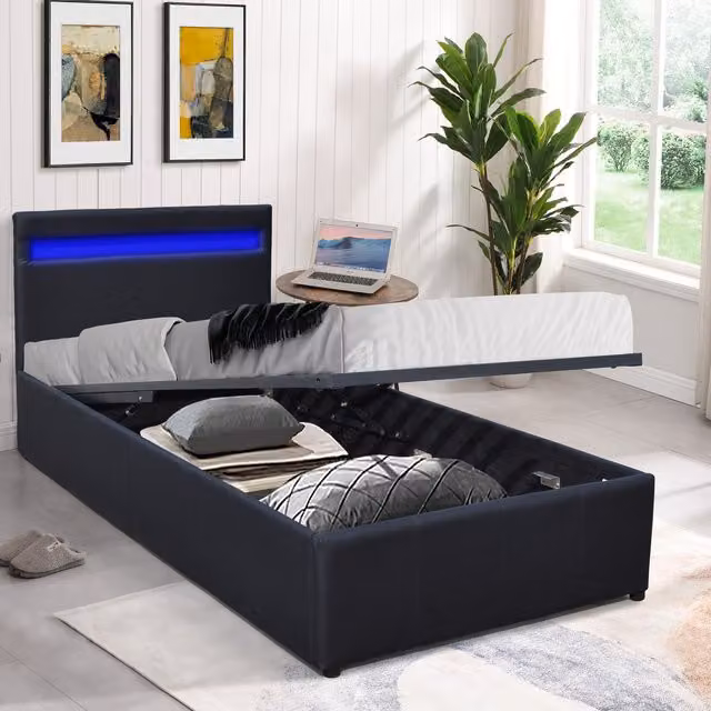 Comfy Living Modern Faux Leather Gas Lift Ottoman Bed Frame with LED Lighting, Black, W: 90 cm, D: 190 cm