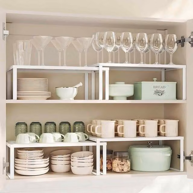 The Bazaarist Set of 2 Stackable Expandable Metal Spice Racks, White