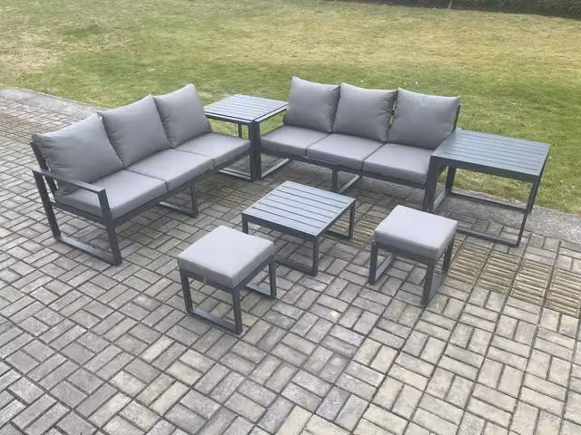 Fimous 8 Seater Aluminium Garden Furniture Set in Dark Grey with Cushions, Coffee Table and 2 Ottomans