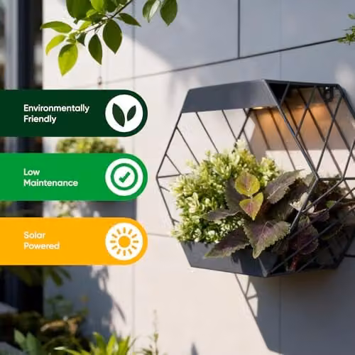 Gardenwize Black Metal Hexagon Solar Wall Planter with Warm White LED, W/D/H: 29.0 x 24.5 x 24.5 cm – 5