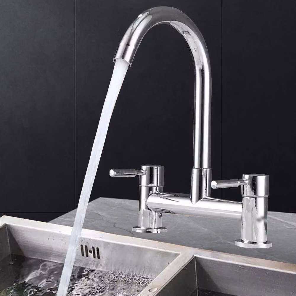 Ventryn Modern Dual Lever Chrome Kitchen Sink Mixer Tap, Silver, 2 Hole Deck Mounted with Swivel Spout and Ceramic Discs – 4