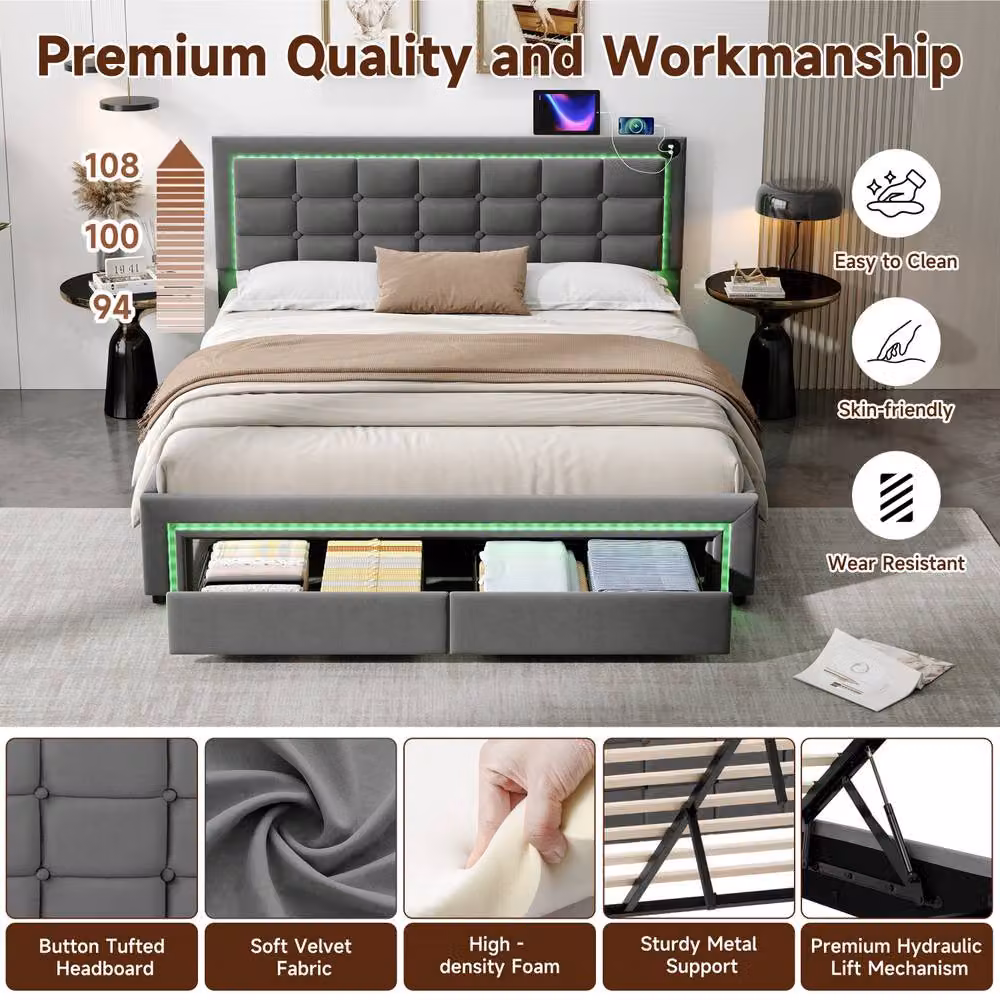 Rolipo King Size Grey Velvet Upholstered Ottoman Bed with Drawers, LED Lighting and USB Charging Port, W/D/H: 180 x 200 cm – 6