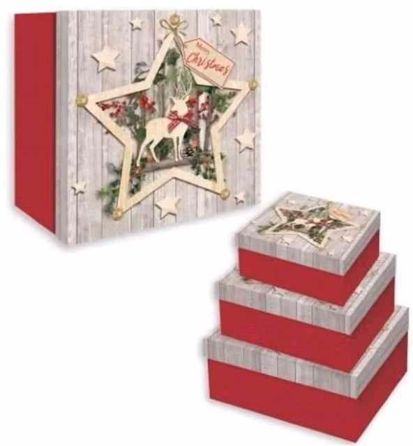 KDMD Set of 3 Multicolour and Red Wooden-Effect Star Nested Gift Boxes