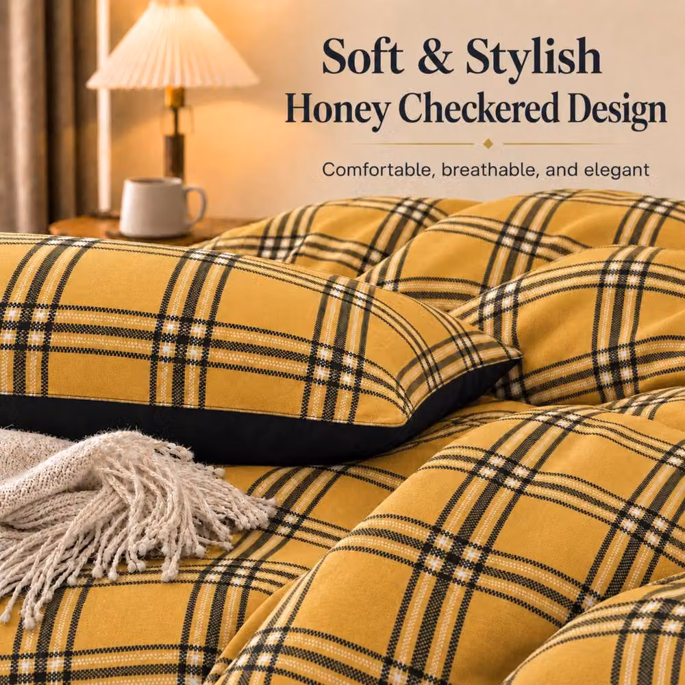 Lazzaro Home Honey Checkered Duvet Cover Set in Yellow, Super King, Brushed Microfibre – 4