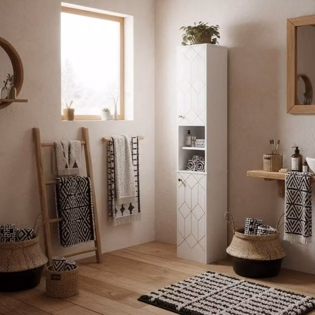 Wyld Haus Conosu Slim Freestanding White Bathroom Cabinet with Hinged Doors and Internal Shelves, H 170 x W 30 x D 30 cm – 1