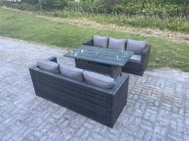 Fimous 6 Seater Rattan Garden Furniture Set with Rectangular Dining Table in Dark Grey