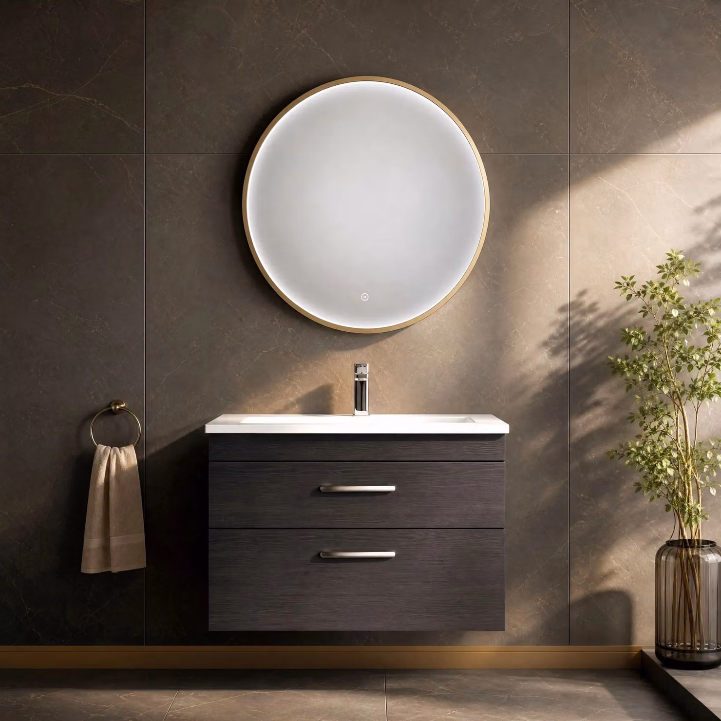 Balterley Round LED Bathroom Mirror with Demister Pad and Touch Sensor in Gold, W/D/H: 60 x 60 x 1 cm – 4
