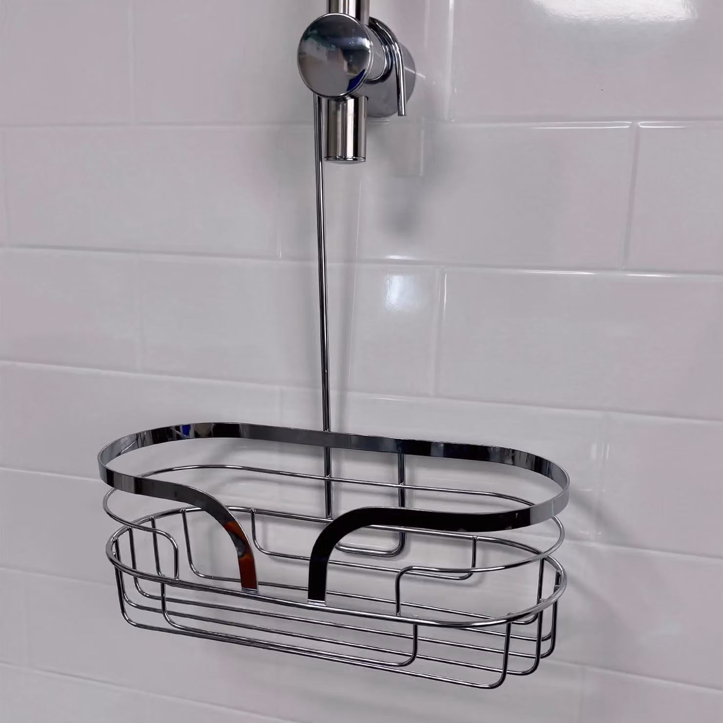 Showerdrape Dante Modern 3-Tier Freestanding Floor Caddy and Mini Caddy with Hooks in Silver Metal – 1