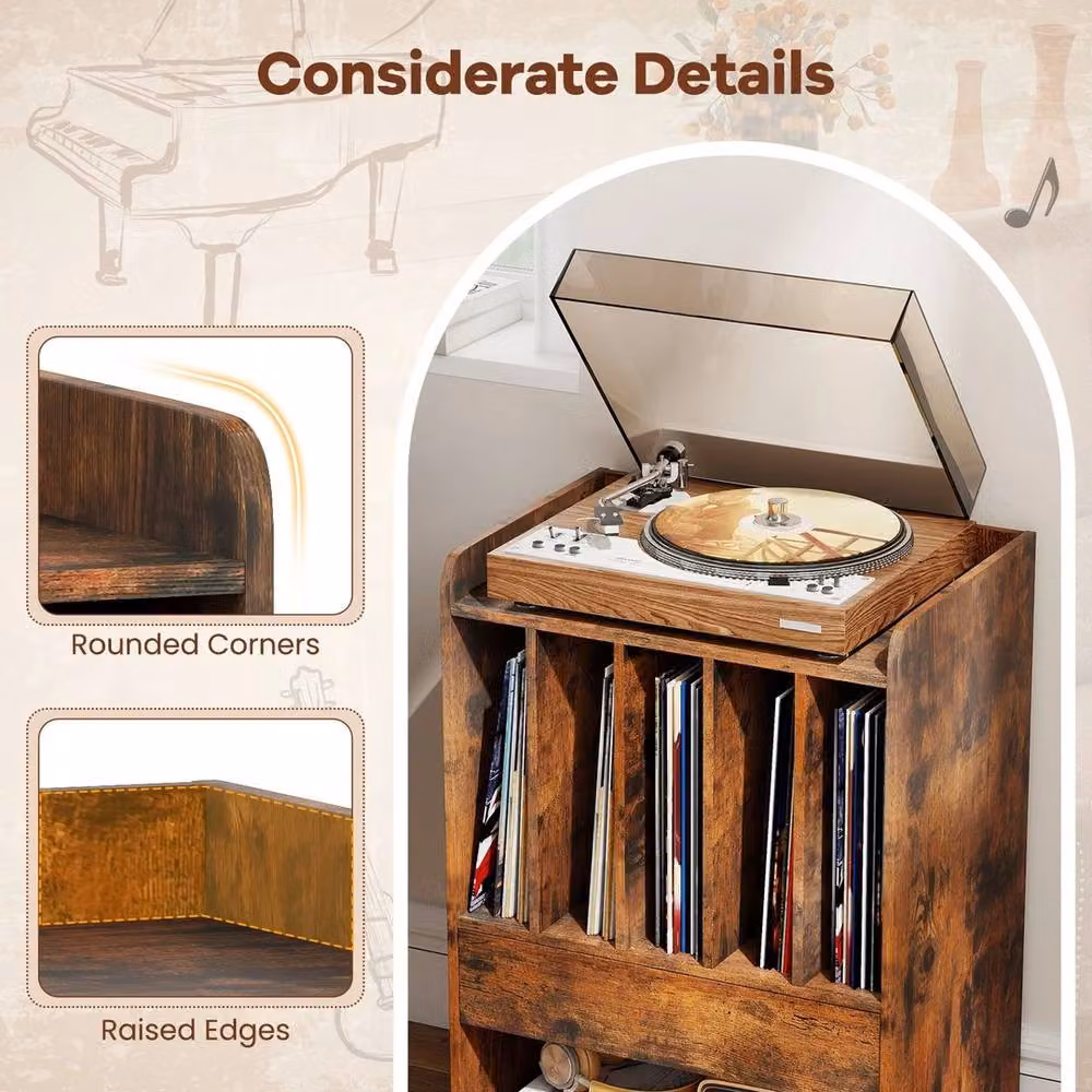 VOGREX Mobile Record Player Cabinet with Castors, Brown – 4