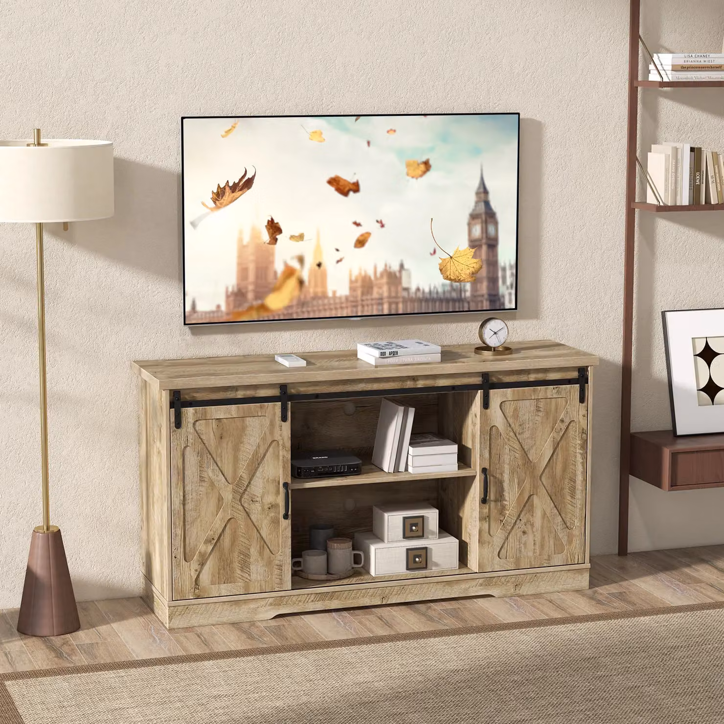 Gymax Media Entertainment Centre TV Stand Cabinet in Light Oak, Width: 150 cm – 2